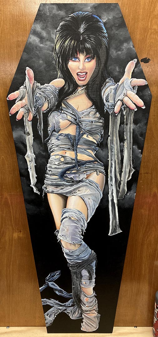 Mistress of the Dark, oil on wood coffin lid